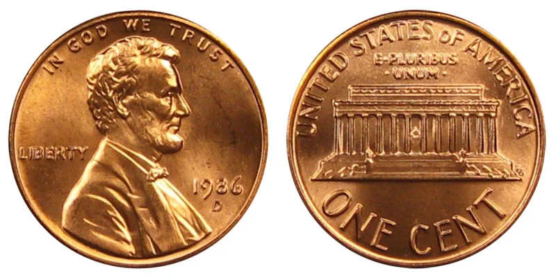 1986 Lincoln Memorial penny obverse and reverse showing date and Memorial design