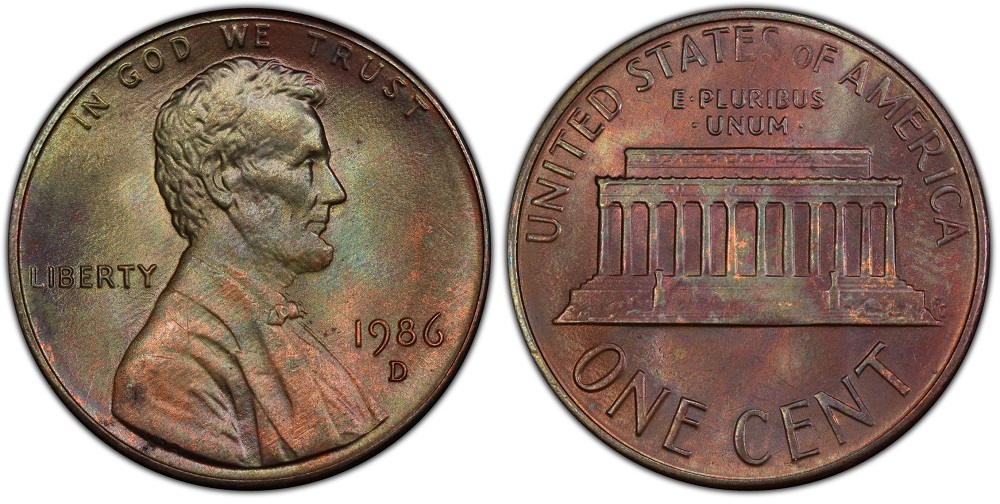 1986 Lincoln penny grading strip showing Worn, Circulated, Uncirculated, and Gem MS condition examples side by side