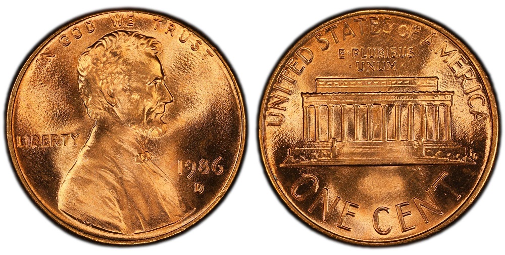 Comparison of normal 1986 penny vs 1986 Doubled Die Obverse error showing doubled IN GOD WE TRUST lettering