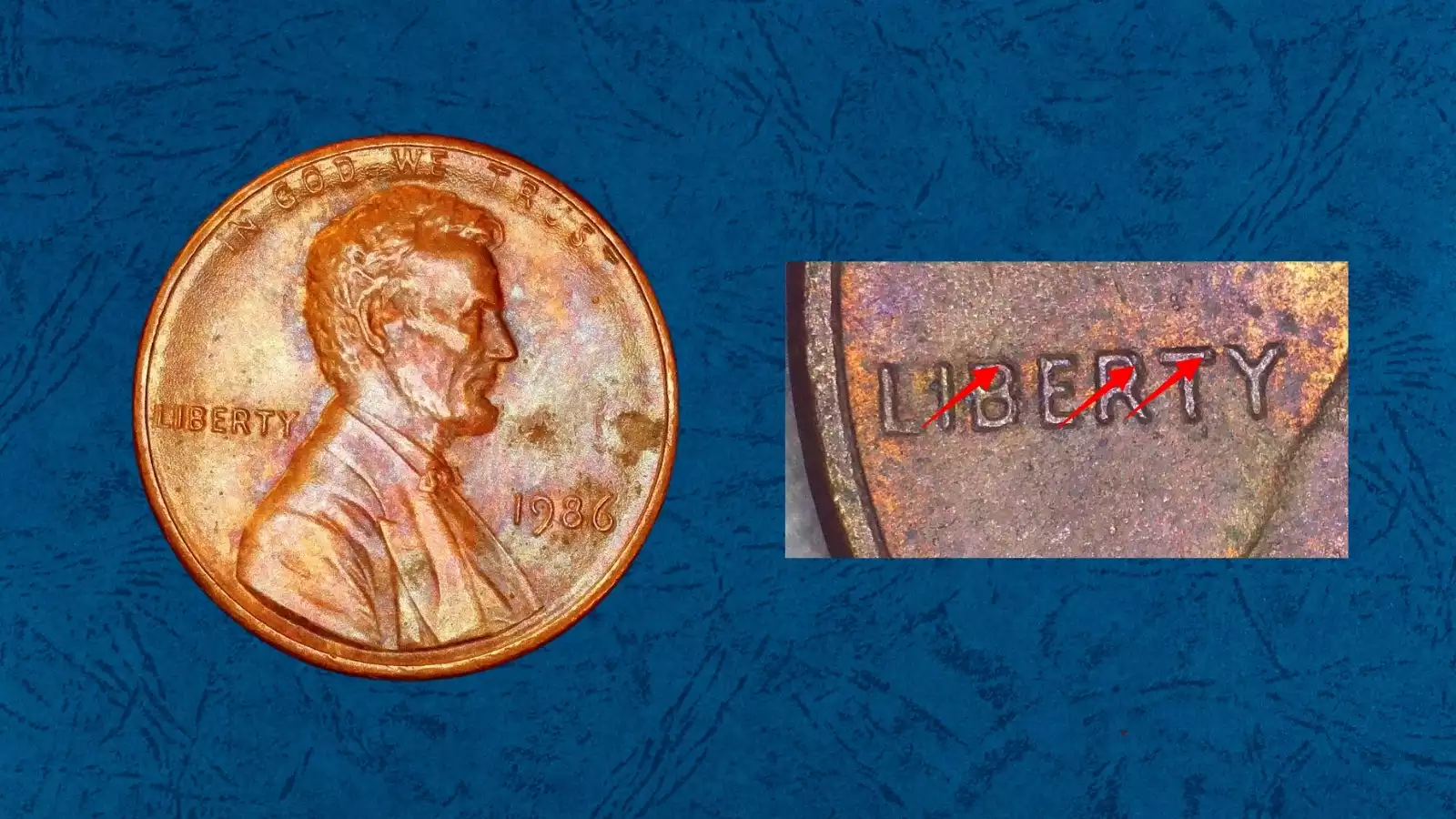 1986 Doubled Die Obverse penny error showing doubled IN GOD WE TRUST lettering under magnification