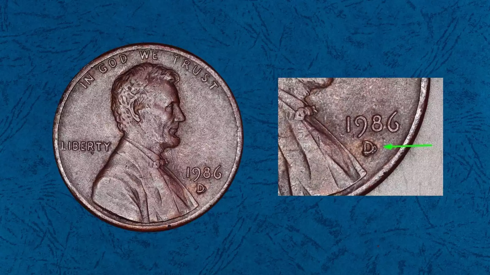 1986-D penny Repunched Mint Mark (RPM) error showing secondary ghost D impression below the primary mint mark